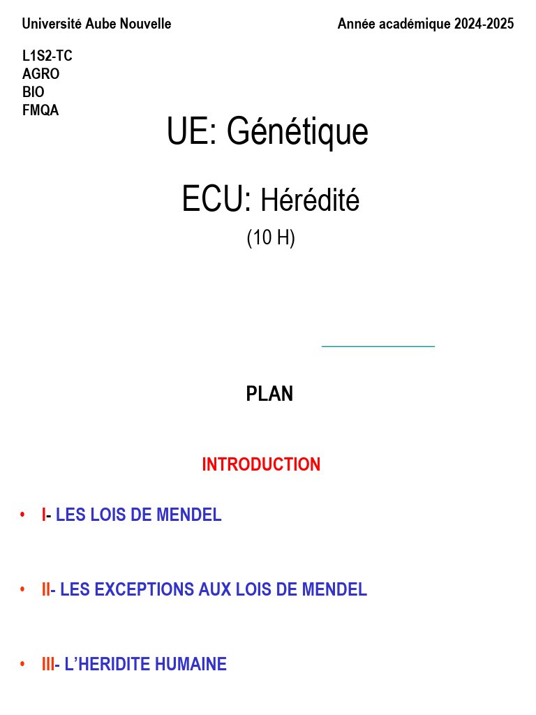 H r dit Et Lois De Mendel En G n tique PDF Dominance G n tique 