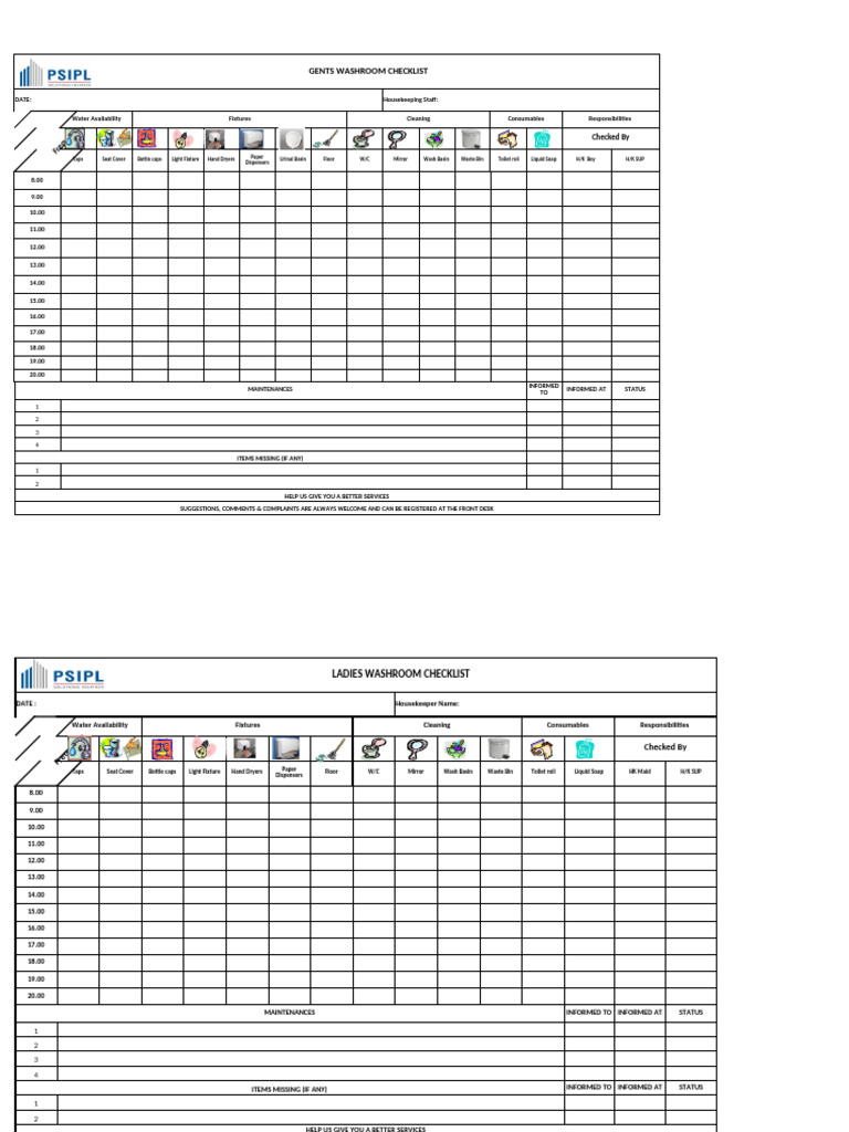PSIP - Washroom Checklist | PDF | Bathroom | Plumbing
