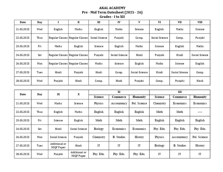 Datesheet Pre - Mid Term Grades I - XIIbuhh | PDF | Science