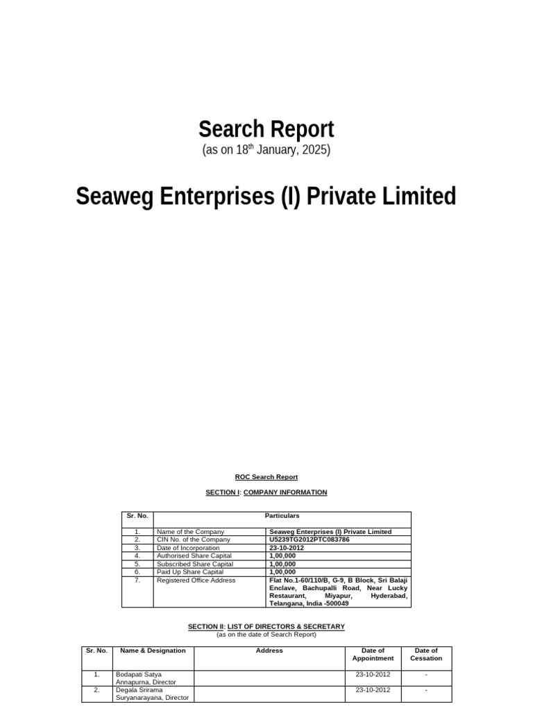 ROC Search Report for Seaweg Enterprises | PDF