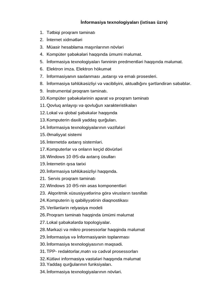 İnformasiya Texnologiyaları - Suallar | PDF