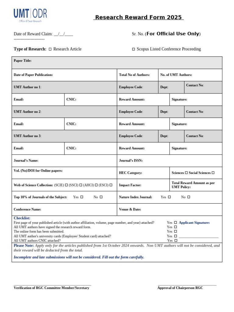 UMT Research Reward Claim Form 2025 | PDF | Publishing | Academia