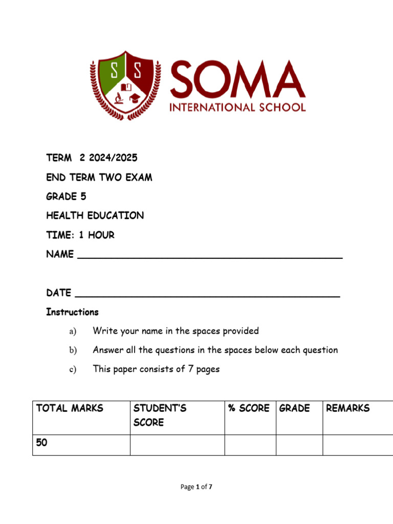 Grade 5 Health Education Exam Guide | PDF | Hygiene