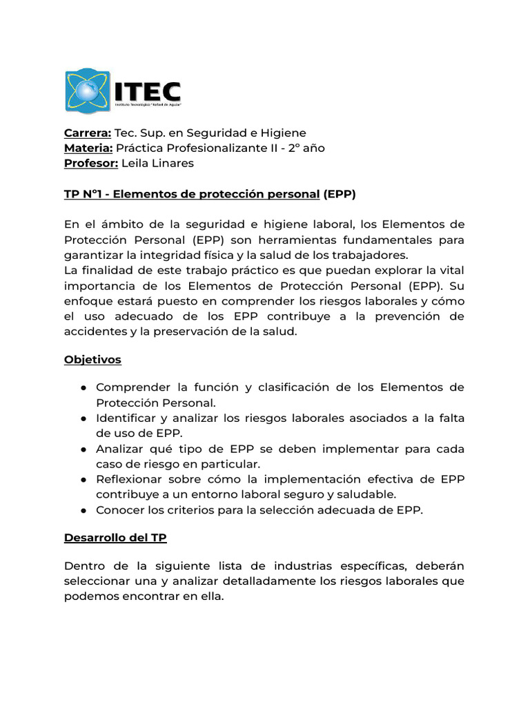 TP N1 - Elementos de Proteccion Personal 1 | PDF