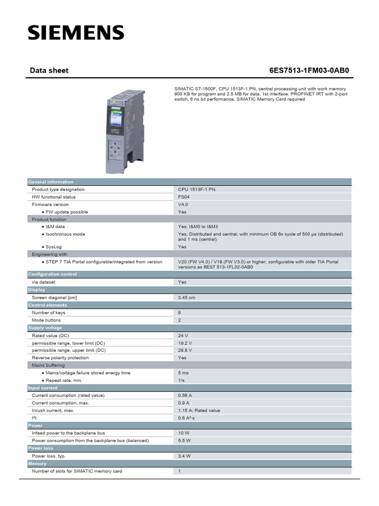 Siemens SIMATIC S7-1500F CPU 1513F-1 PN Data Sheet | PDF | Computer ...