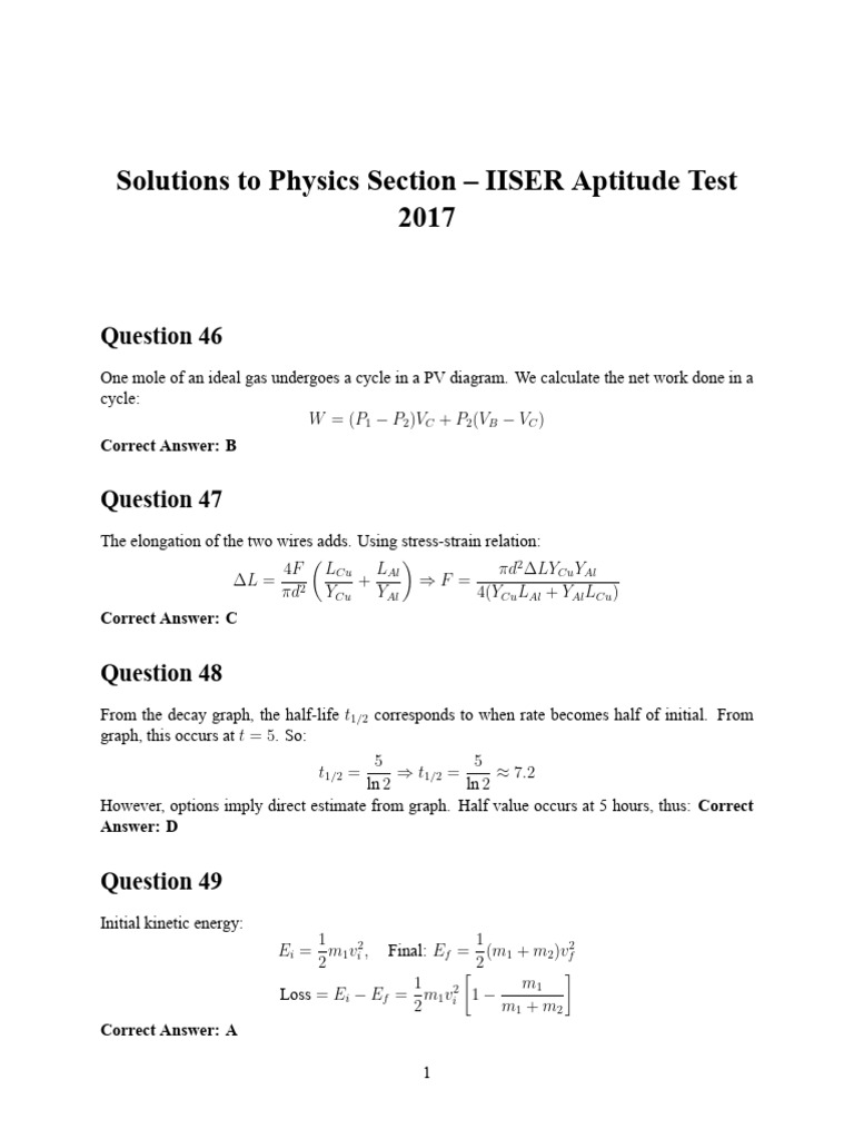 IISER Aptitude Test Physics Solutions 2017 | PDF