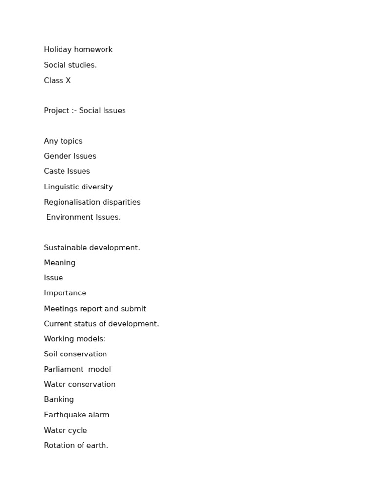 Class X Holiday Homework: Social Issues & Nature Study | PDF