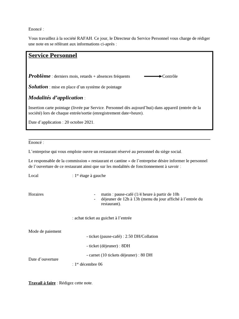 Note sur l'ouverture du restaurant du personnel | PDF