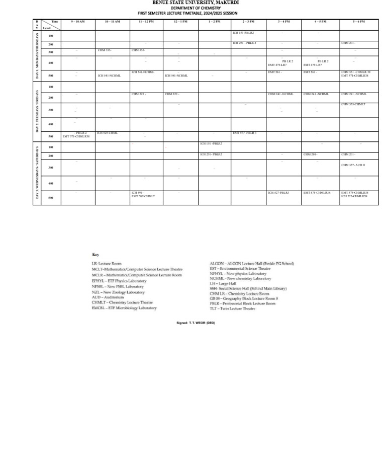 Departmental Lecture Time Table 2024-2025 Session (Draft Copy) | PDF