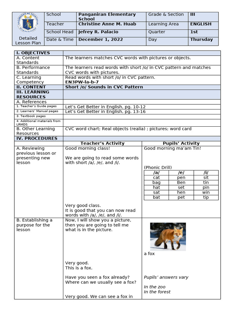 CVC Short O Lesson Plan for Grade 3 | PDF | Consonant | Lesson Plan