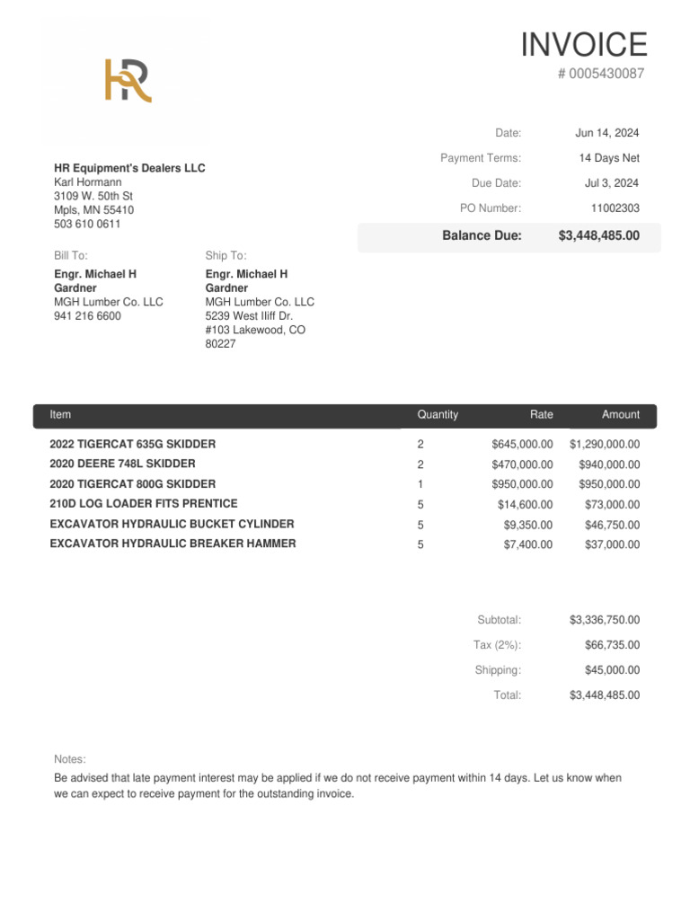 Invoice for Heavy Equipment Purchase | PDF | Construction Equipment ...