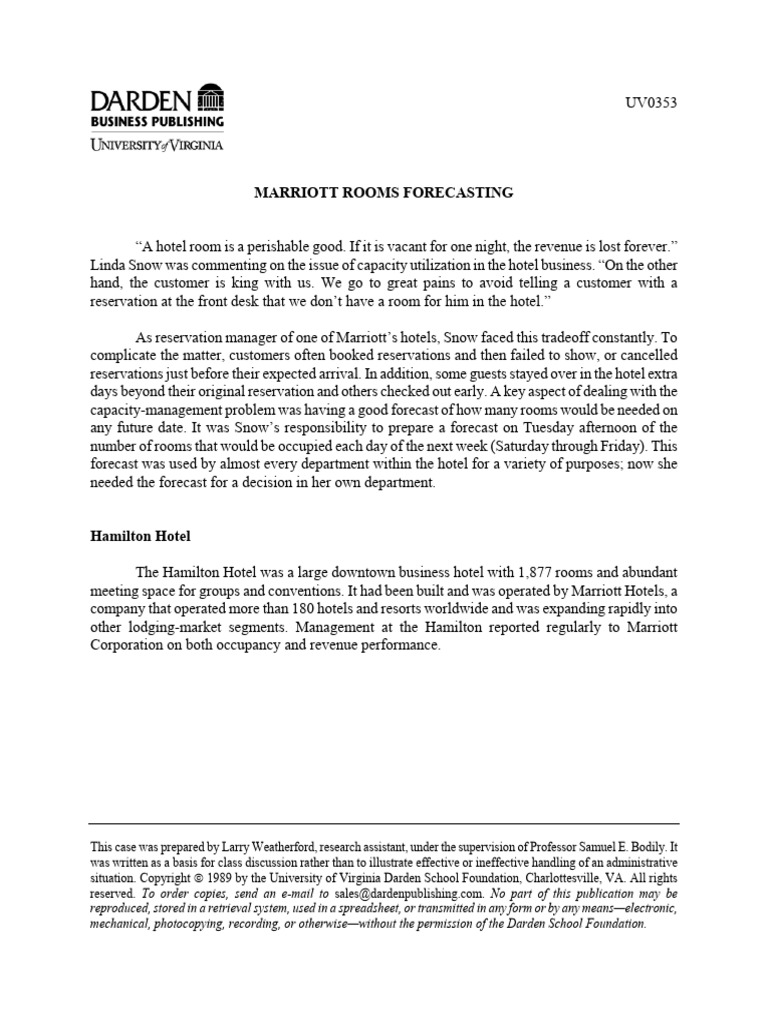 Marriott Hotel Room Forecasting Case | PDF | Forecasting | Hotel