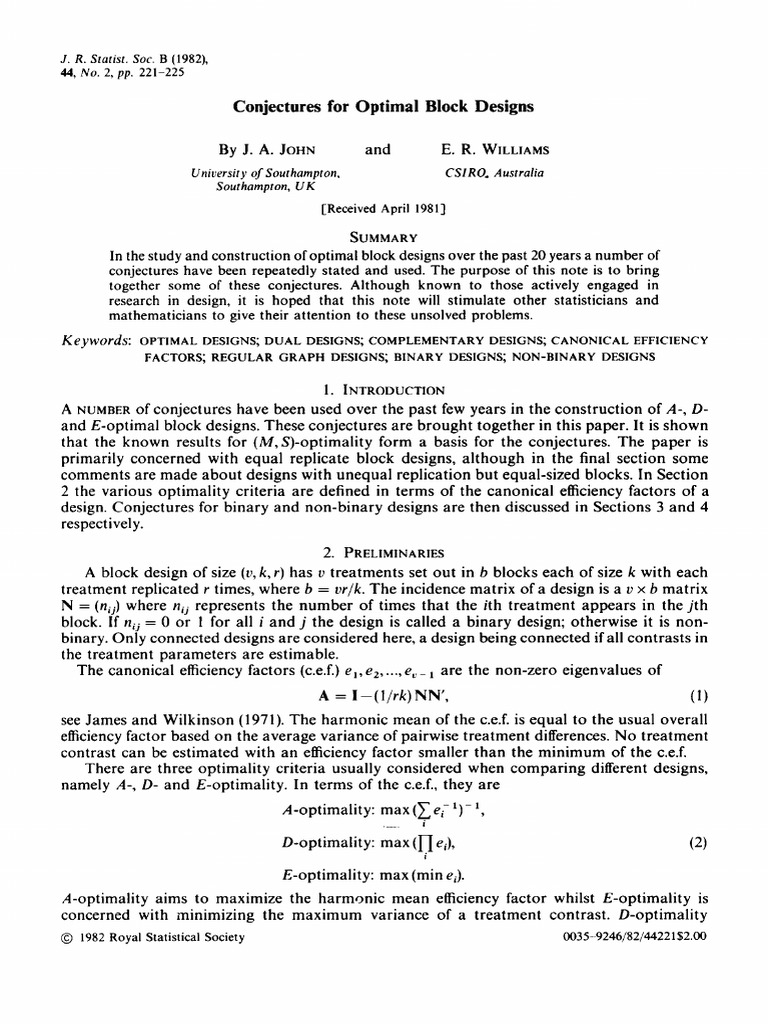Conjectures on Optimal Block Designs | PDF | Matrix (Mathematics ...