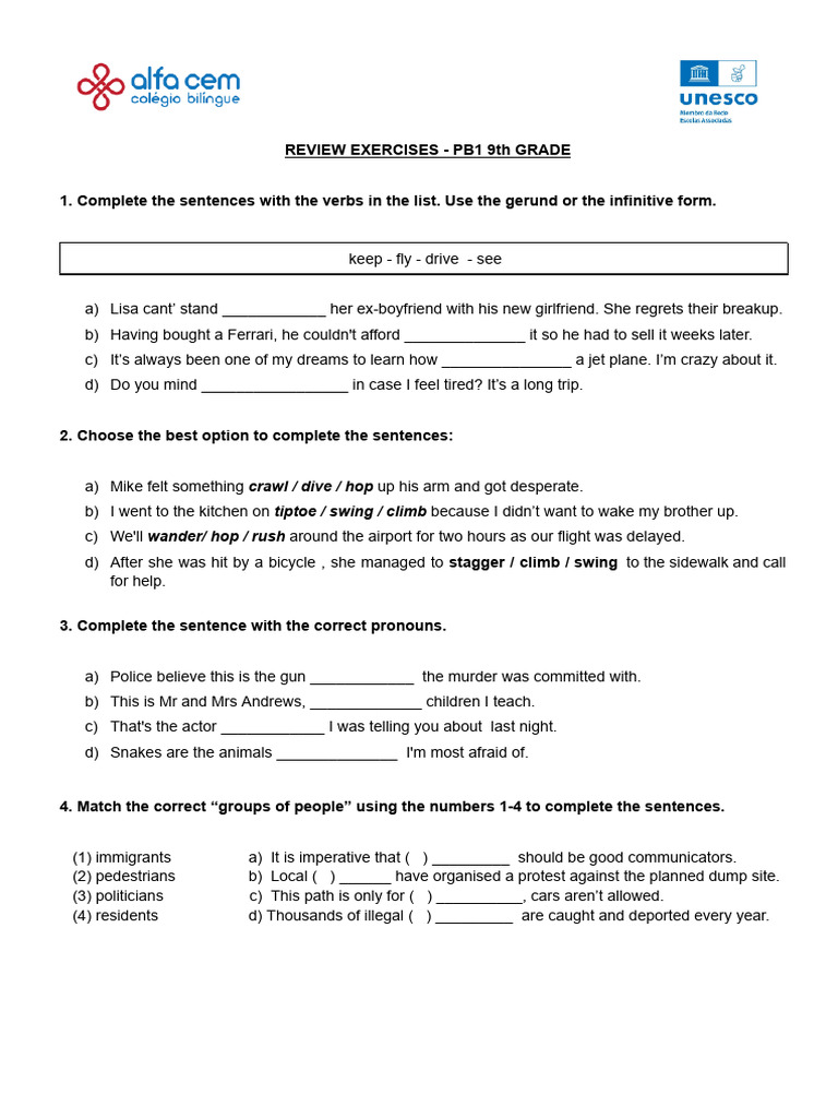 Review Exercises - Pb1 - 9th Grade | PDF | Syntax | Linguistics