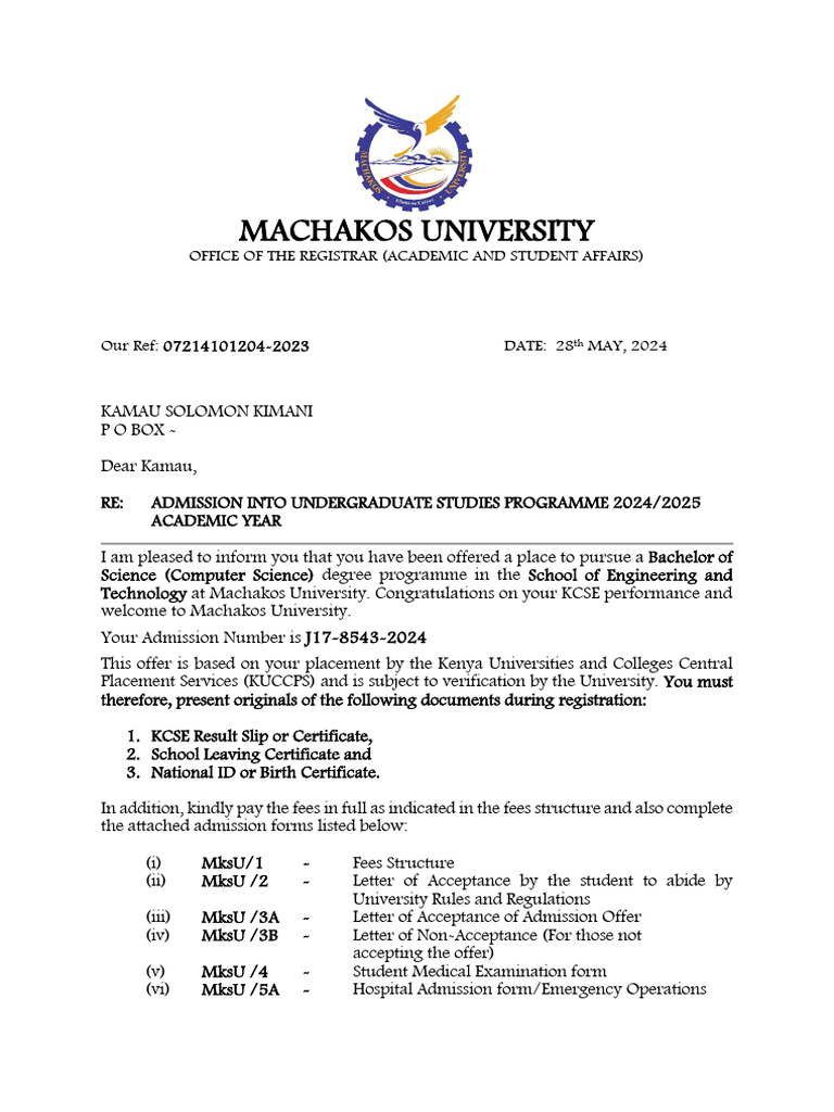 Machakos University Admission Letter 2024 | PDF | Cafeteria | University