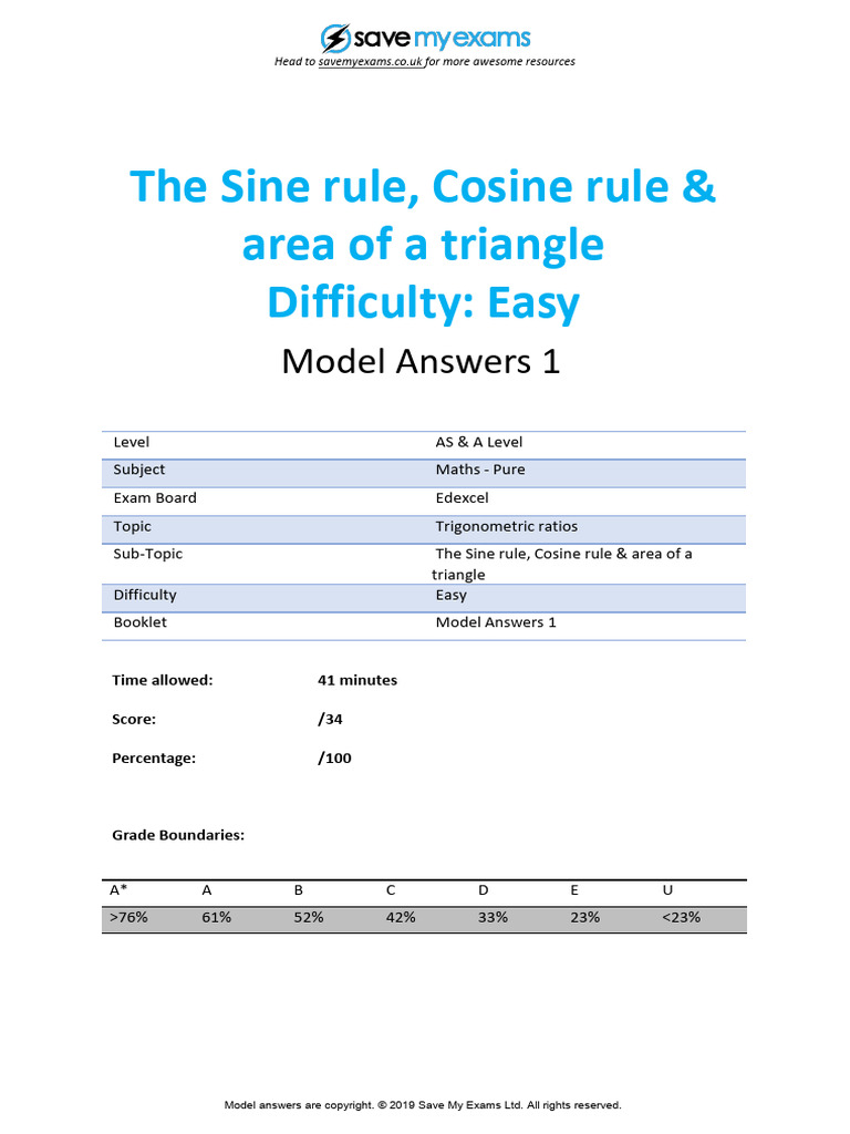 9.1 The Sine Rule Cosine Rule - Area of A Triangle Easy Model Answers 1 ...