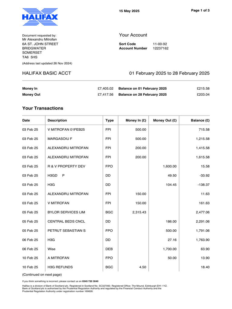 Halifax Basic Account Statement | PDF | Banks | Financial Services
