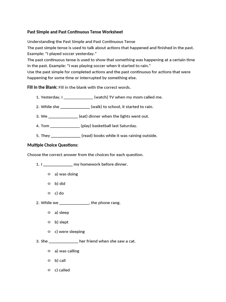 Past Simple vs. Past Continuous Worksheet | PDF