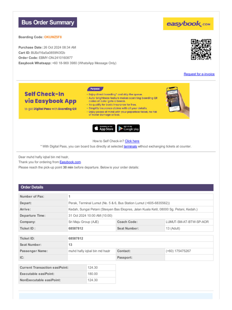 Easybook Bus Ticket Order Summary | PDF