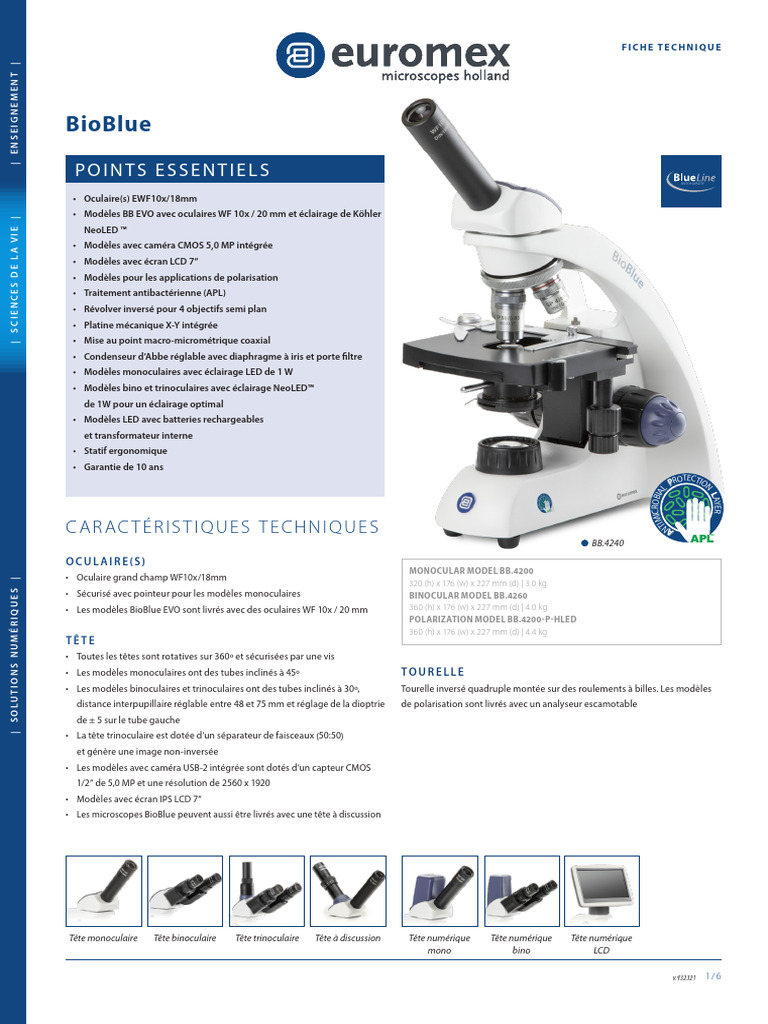 Fiche technique des microscopes BioBlue | PDF | Filtre (optique ...