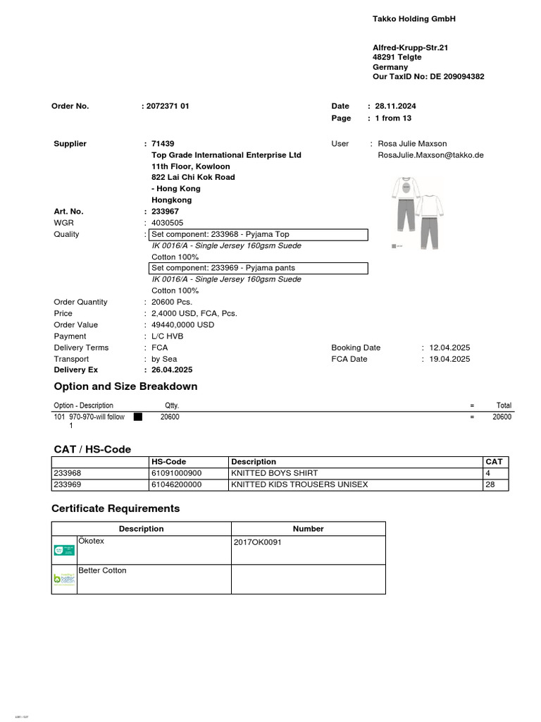 Takko Order Confirmation for Pyjama Set | PDF