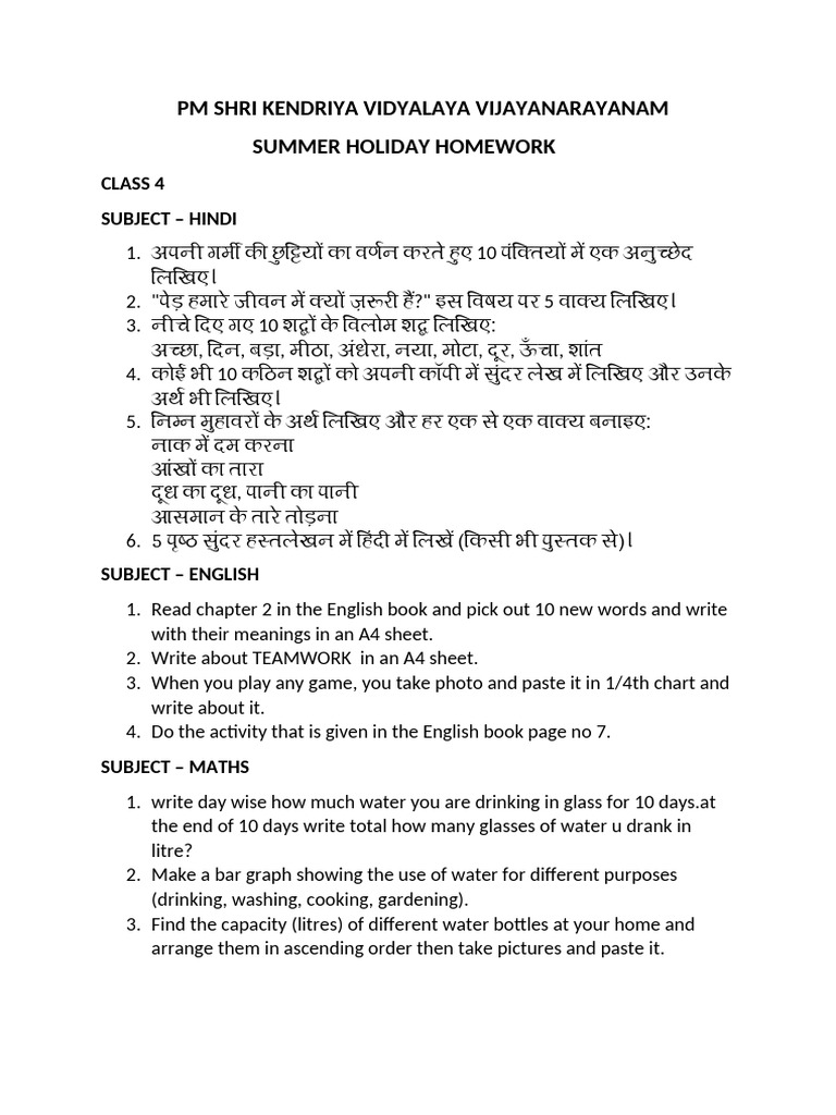 Class - 4 MDP & Holiday Homework | PDF | Litre | Water