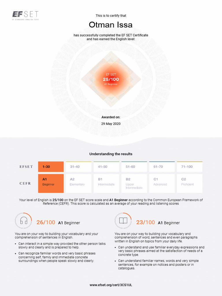 EF SET Certificate: A1 Beginner English | PDF