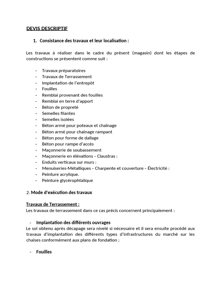 Devis descriptif des travaux de construction | PDF | Béton | Mortier ...