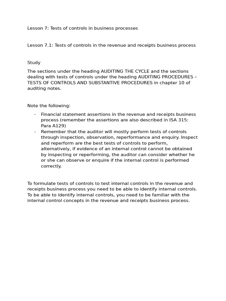 Tests of Controls in Revenue and Acquisitions | PDF | Audit | Internal ...