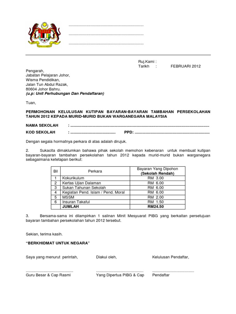 Contoh Format Surat Permohonan Kutipan Bayaran Tambahan 2012 Murid Bukan Warganegara Pdf