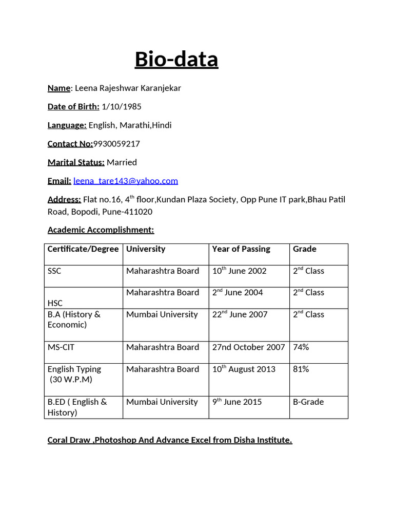 Leena Karanjekar's Bio-data Summary | PDF