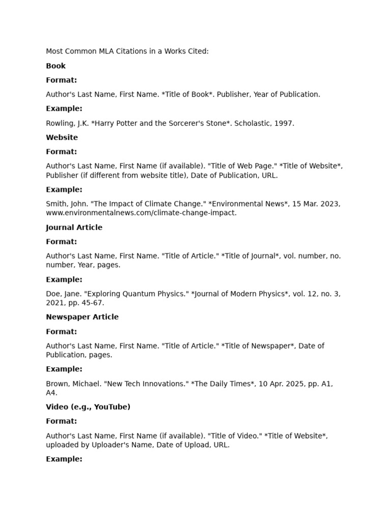 Most Common MLA Citations in A Works Cited | PDF