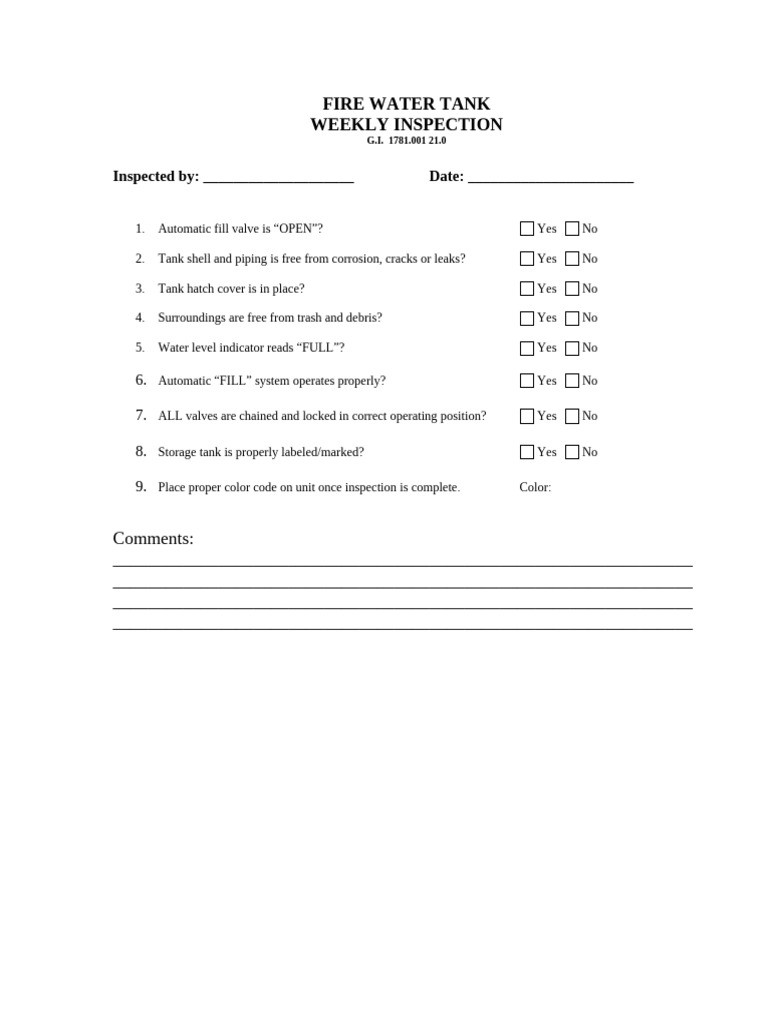 Weekly Fire Water Tank Inspection Checklist | PDF