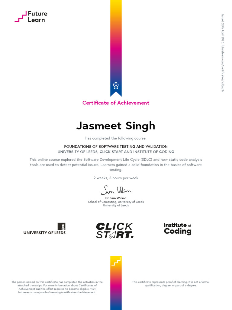 Foundations of Software Testing and Validation Certificate of ...