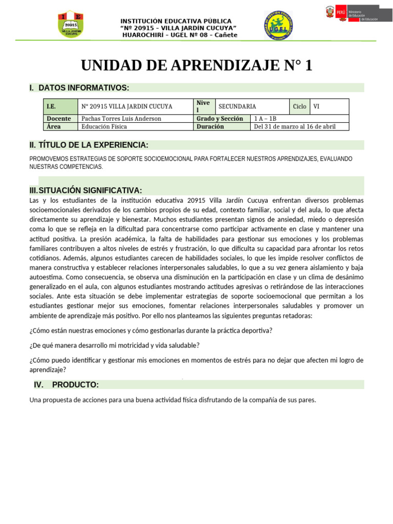 1° Unidad 1 de Aprendizaje | PDF | Aprendizaje | Las emociones