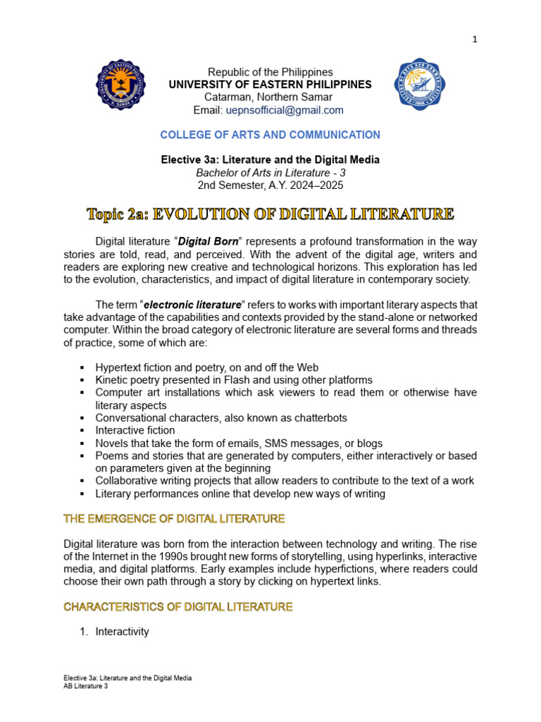 Topic 2a Evolution of Digital Literature | PDF | Human Communication ...