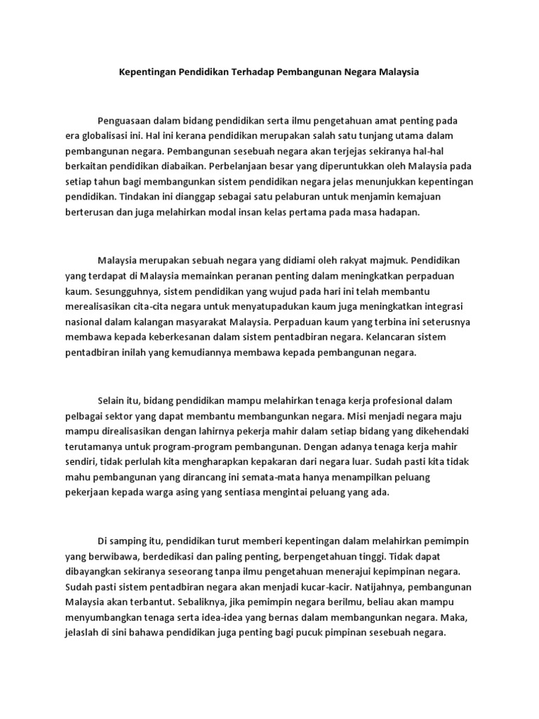 Kepentingan Pendidikan Terhadap Pembangunan Negara Malaysia Pdf