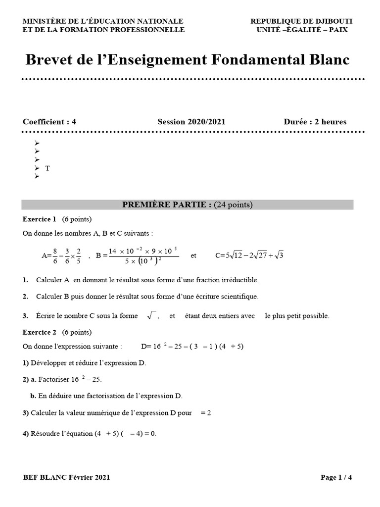 Épreuve de Mathématiques BEF Blanc 2021 | PDF | Mathématiques