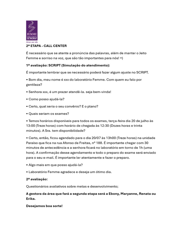 Script de Atendimento Call Center Femme | PDF