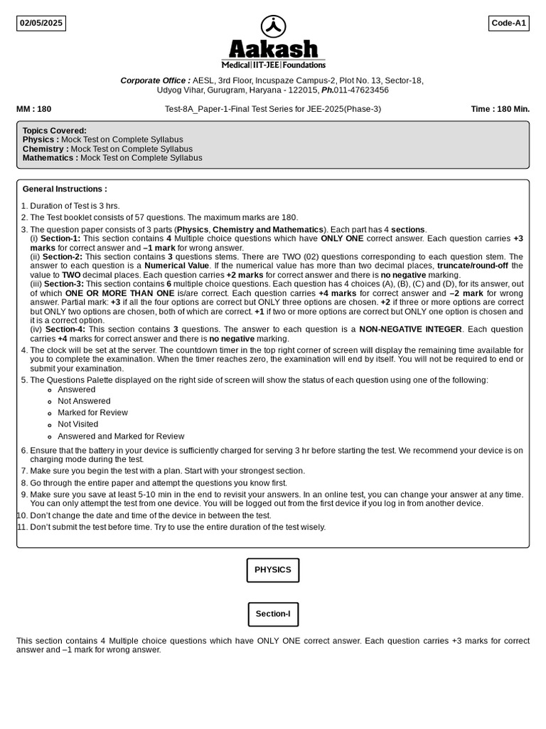 Test-8A - Paper-1-Final Test Series For JEE-2025 (Phase-3) - Que | PDF ...