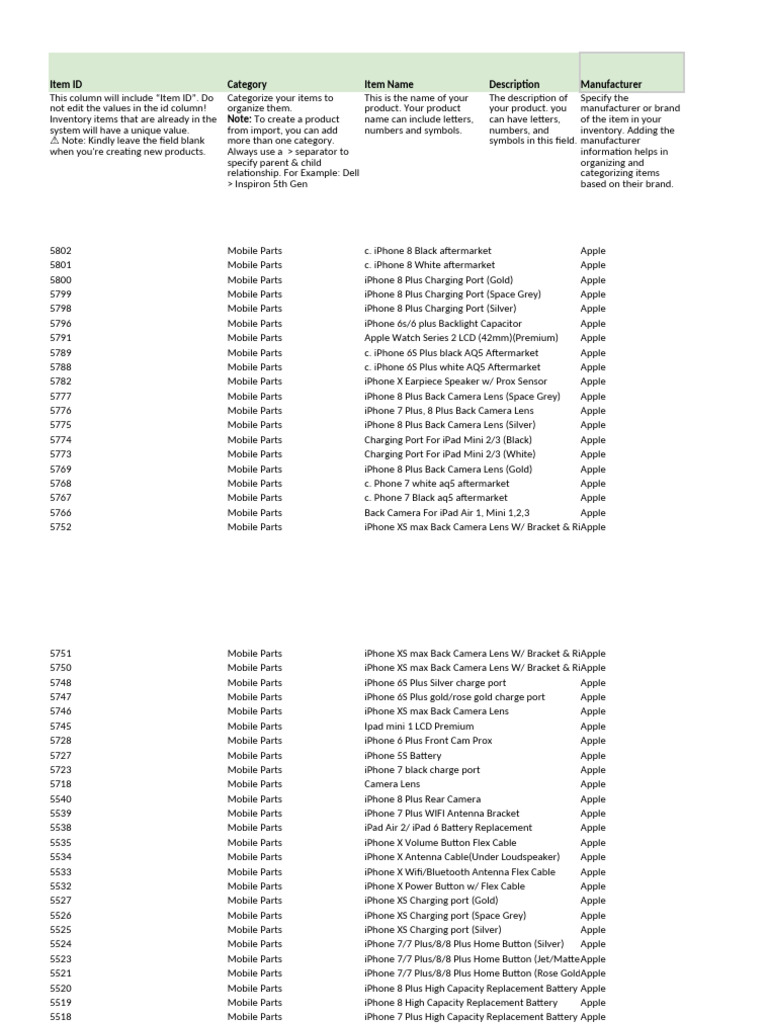 Apple Mobile Parts Inventory List | PDF | I Phone | Ios