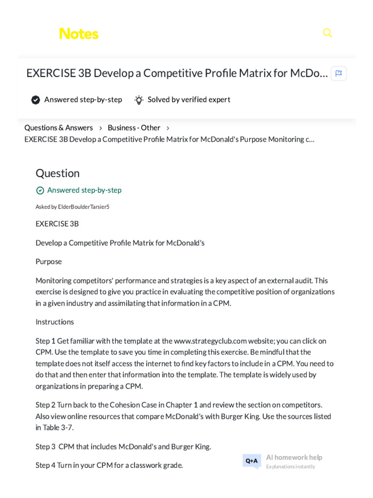 (Solved) EXERCISE 3B Develop A Competitive Profile Matrix For McDonald ...