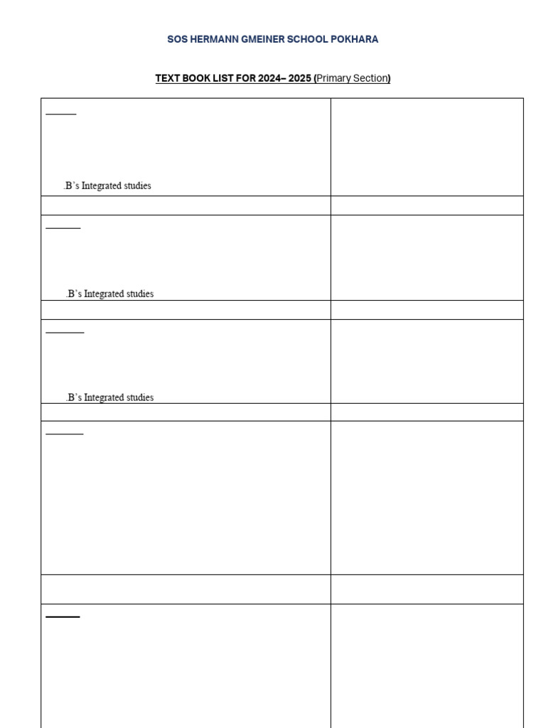 Class I: TEXT BOOK LIST FOR 2024 - 2025 (Primary Section) | PDF