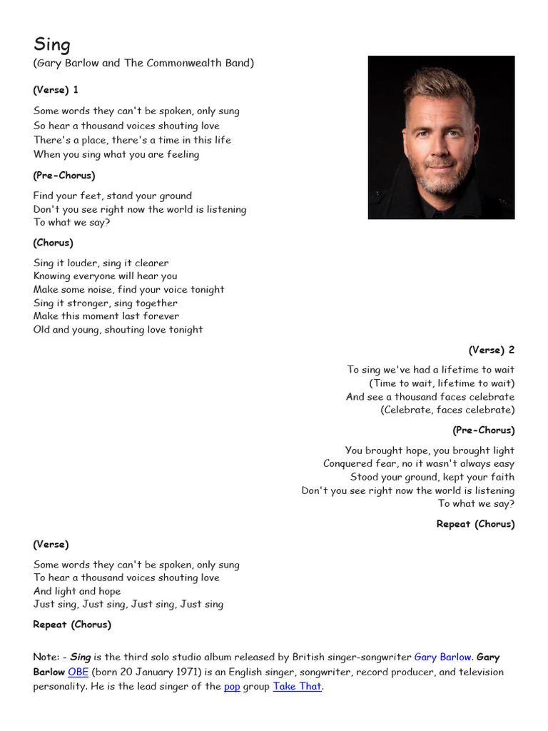 Gary Barlow S Sing Lyrics And Themes Pdf