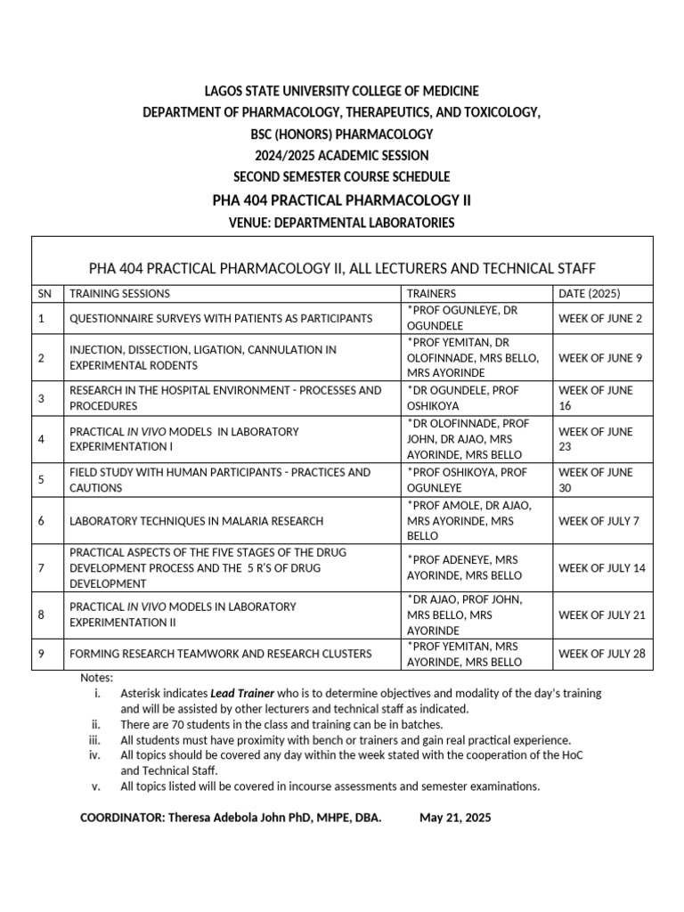 Pha 404 2024 2025 Course Schedule T A John May 21 2025 | PDF ...
