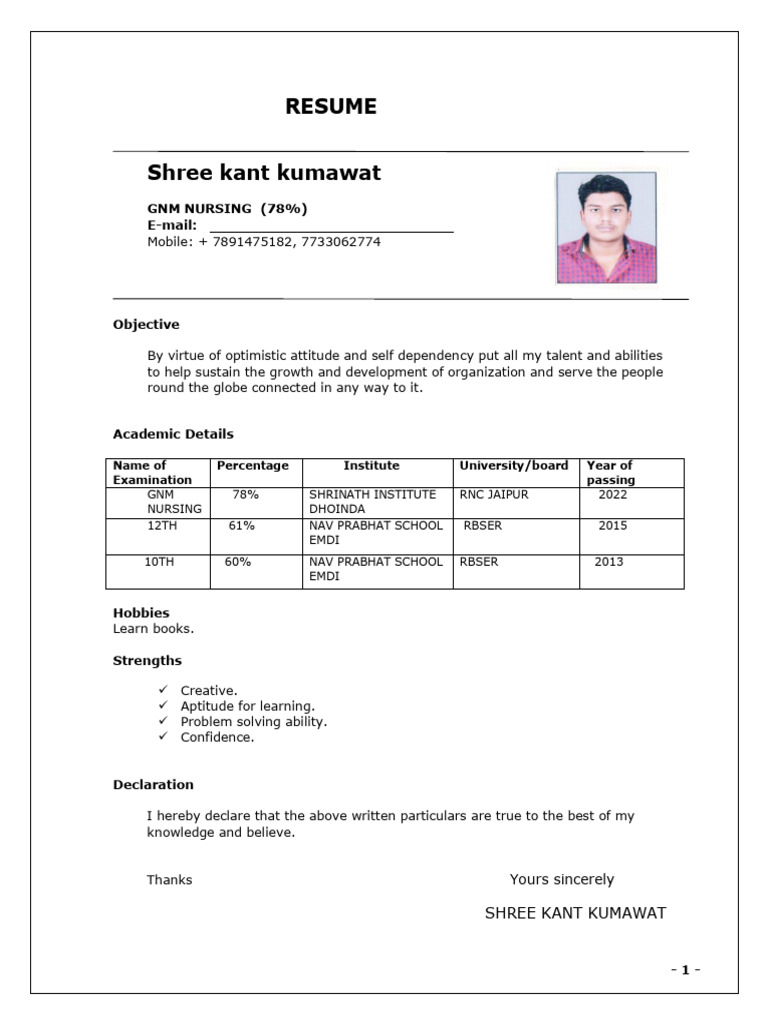 Resume Shree Kant Kumawat: GNM Nursing (78%) E-Mail | PDF