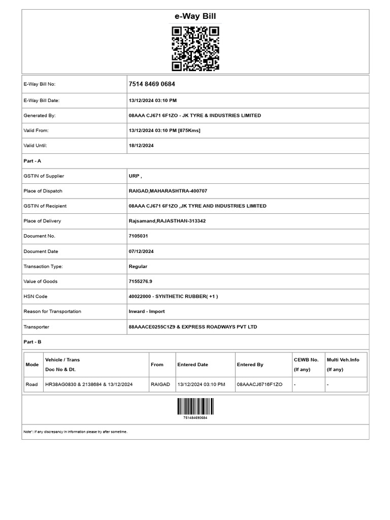 E-Way Bill for JK Tyre Shipment | PDF