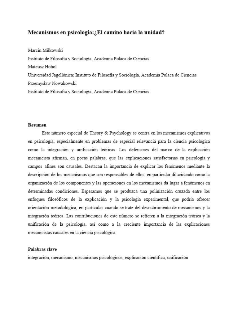 Mecanismos en Psicología - ¿El Camino Hacia La Unidad | PDF | Teoría ...