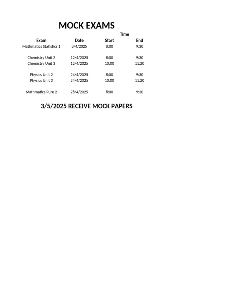 2025 Mock Exam Schedule | PDF