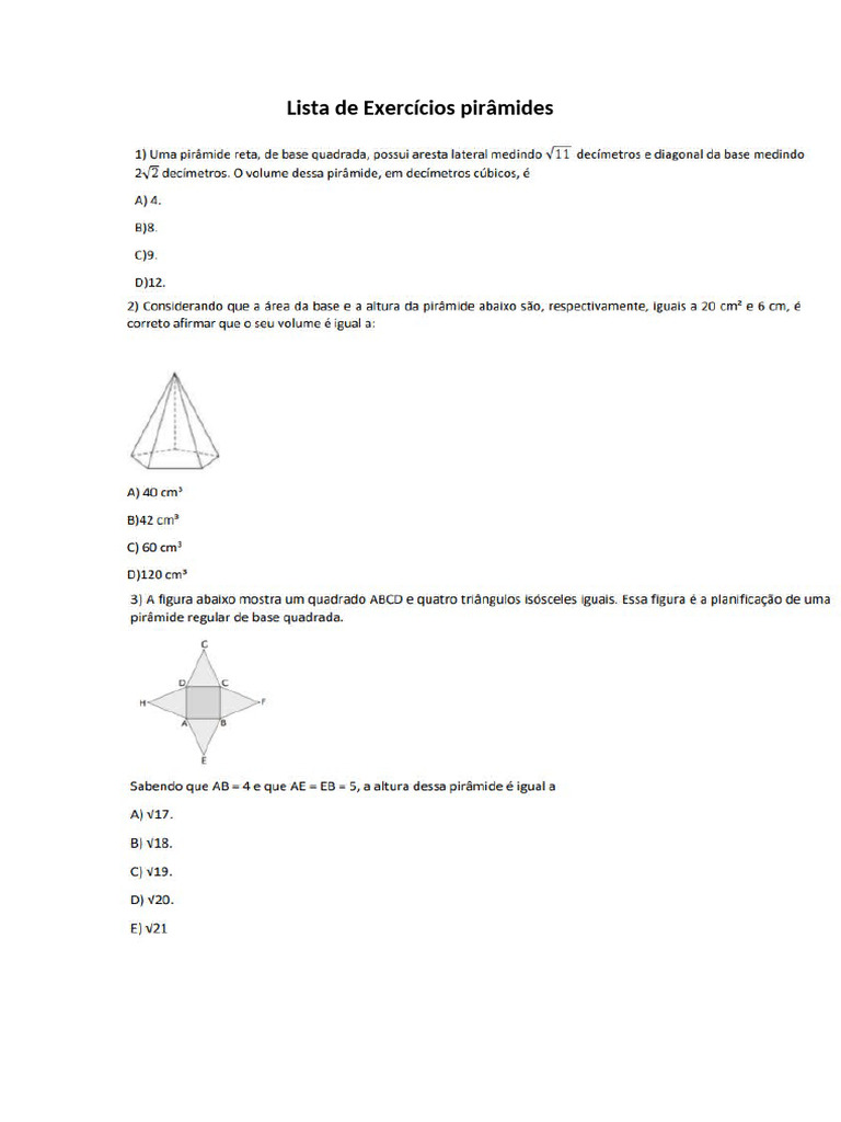 Lista de Exercícios Pirâmides | PDF